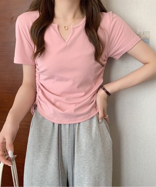 Teem Store(チームストア)の「サイドギャザー リボンVネックタイトT シャーリング半袖タイトT(Tシャツ/カットソー・レディース・ブラック/チャコール/ピンク/ホワイト・M/S)」の14枚目の写真