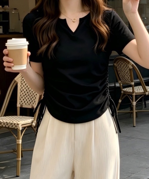 Teem Store(チームストア)の「サイドギャザー リボンVネックタイトT シャーリング半袖タイトT(Tシャツ/カットソー・レディース・ブラック/チャコール/ピンク/ホワイト・M/S)」の21枚目の写真