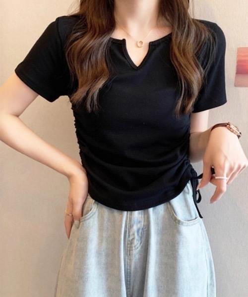 Teem Store(チームストア)の「サイドギャザー リボンVネックタイトT シャーリング半袖タイトT(Tシャツ/カットソー・レディース・ブラック/チャコール/ピンク/ホワイト・M/S)」の22枚目の写真
