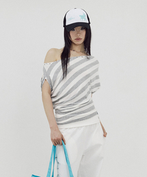 SETUP-EXE（セットアップイーエックスイー）の「STRIPE EYELET DRAPE TOP / WHITE（Tシャツ/カットソー）」