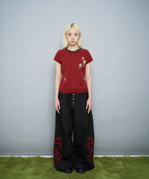 SEW-B（ソービー）の「セミクロップ半袖ニット [トマトレッド]（Tシャツ/カットソー・レディース・その他・FREE）」の2枚目の写真