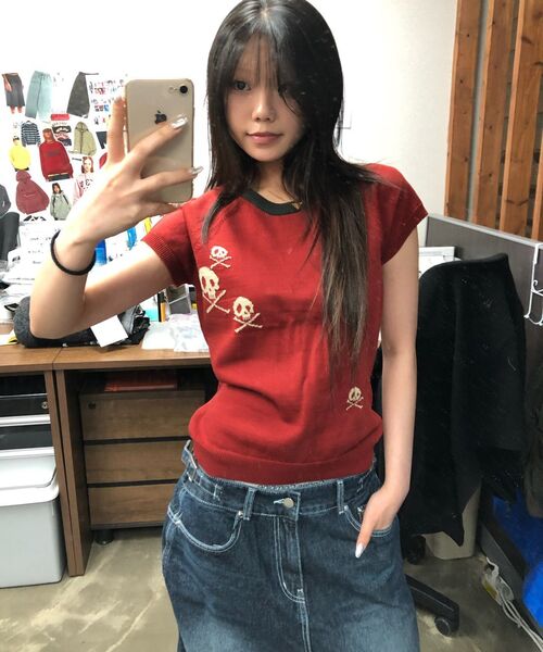 SEW-B（ソービー）の「セミクロップ半袖ニット [トマトレッド]（Tシャツ/カットソー・レディース・その他・FREE）」の5枚目の写真