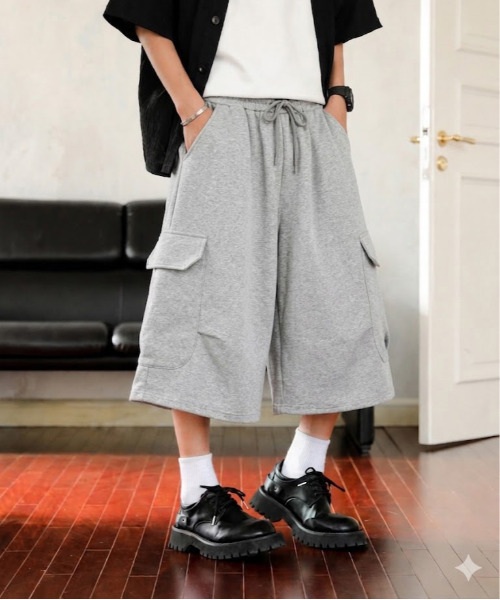 neos（ネオス）の「【neos】スウェット カーゴパンツ メンズ ワイド バレルシルエット クロップド丈 ハーフパンツ ひざ下丈 ピグメント風（カーゴパンツ・メンズ・グレー/ブラック・MEDIUM/LARGE/X-LARGE）」の5枚目の写真