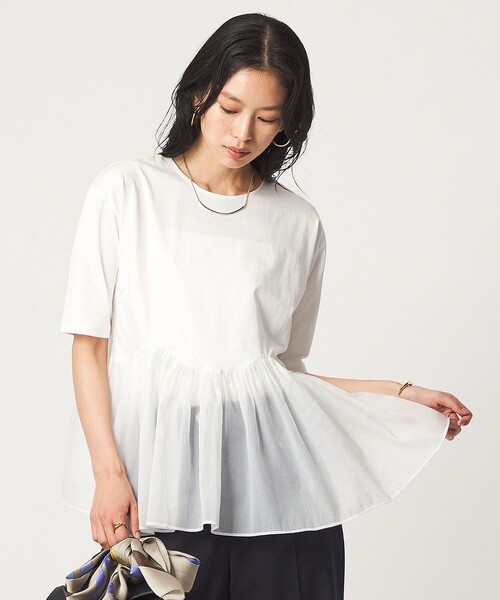 green label relaxing(グリーンレーベルリラクシング)の「シアー コンビ 5分袖 プルオーバー カットソー(Tシャツ/カットソー・レディース・ホワイト/オリーブ/ブラック・FREE)」の2枚目の写真