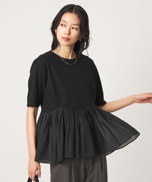 green label relaxing(グリーンレーベルリラクシング)の「シアー コンビ 5分袖 プルオーバー カットソー(Tシャツ/カットソー・レディース・ホワイト/オリーブ/ブラック・FREE)」の3枚目の写真