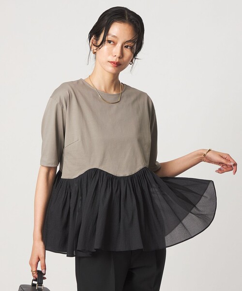green label relaxing(グリーンレーベルリラクシング)の「シアー コンビ 5分袖 プルオーバー カットソー(Tシャツ/カットソー・レディース・ホワイト/オリーブ/ブラック・FREE)」の4枚目の写真