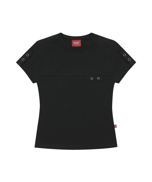 S'EST(エスイーエスティー)の「Eyelet Tab-Detail Slim Fit T-shirts Black(Tシャツ/カットソー・レディース・ブラック・SMALL)」の1枚目の写真