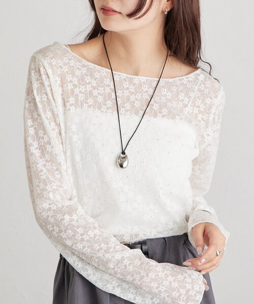 mystic(ミスティック)の「【レイヤードスタイルにも】26AWシャイニーレースロンT(Tシャツ/カットソー・レディース・ブラック/オフホワイト・FREE)」の2枚目の写真
