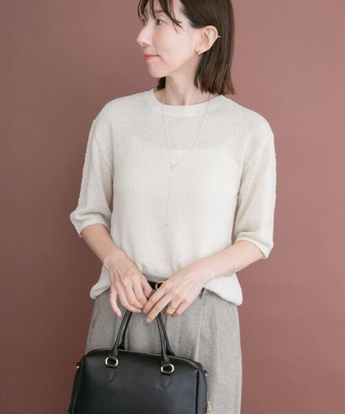 ITEMS URBANRESEARCH（アイテムズ アーバンリサーチ）の「ラメ半袖ニット（ニット/セーター・レディース・オフホワイト/ゴールド/ブラック・FREE）」の5枚目の写真