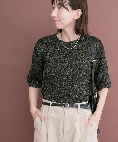 ITEMS URBANRESEARCH（アイテムズ アーバンリサーチ）の「ラメ半袖ニット（ニット/セーター・レディース・オフホワイト/ゴールド/ブラック・FREE）」の12枚目の写真