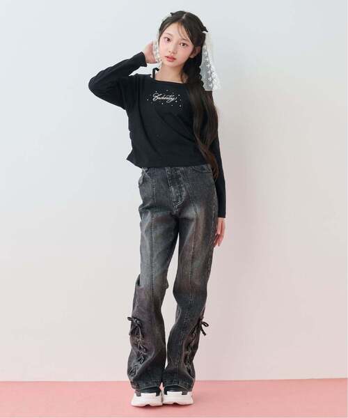 【新品タグ付】メゾピアノジュニア　ジーパン 150 裾レースアップ美脚フレアデニムパンツ（その他パンツ）｜mezzo piano