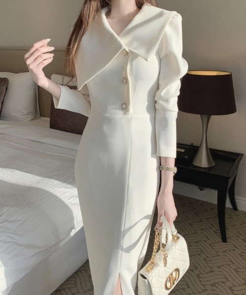 YUGA(ユーガ)の「YUGA_YGMC Korean-style Oversized-Collar Button-Front Dress(ワンピース・レディース・ホワイト/ブラック・FREE)」の1枚目の写真