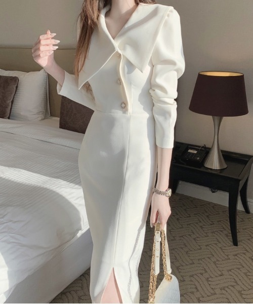 YUGA(ユーガ)の「YUGA_YGMC Korean-style Oversized-Collar Button-Front Dress(ワンピース・レディース・ホワイト/ブラック・FREE)」の5枚目の写真