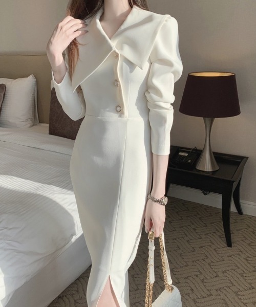 YUGA(ユーガ)の「YUGA_YGMC Korean-style Oversized-Collar Button-Front Dress(ワンピース・レディース・ホワイト/ブラック・FREE)」の7枚目の写真
