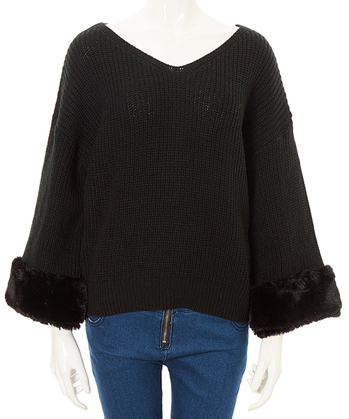 Color（カラー）の「ファースリーブニット（ニット/セーター・レディース・ブラック/オフホワイト/グレー・MEDIUM）」の3枚目の写真