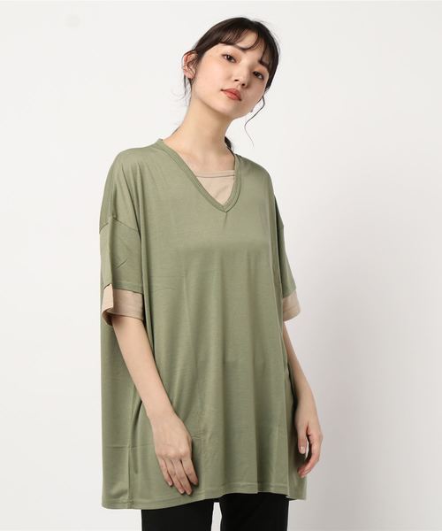 ARCHIVER(アーカイバ)の「【Bl】フェイクVネック半袖カットソー 無地(Tシャツ/カットソー・レディース・チャコールグレー/カーキ/ピンク/マルチ/ブラック・MEDIUM/LARGE)」の22枚目の写真
