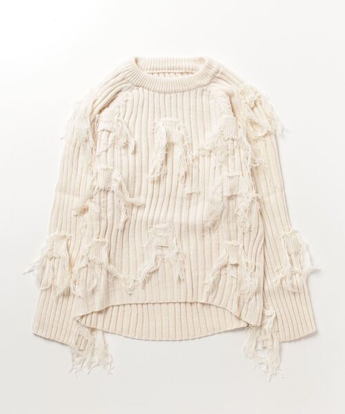 STYLEBLOCK(スタイルブロック)の「ラウンドネックフリンジリブニットソー(ニット/セーター・レディース・ブラック/ベージュ・FREE)」の1枚目の写真