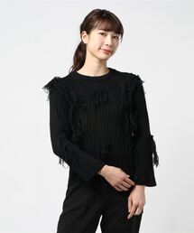 ラウンドネックフリンジリブニットソー