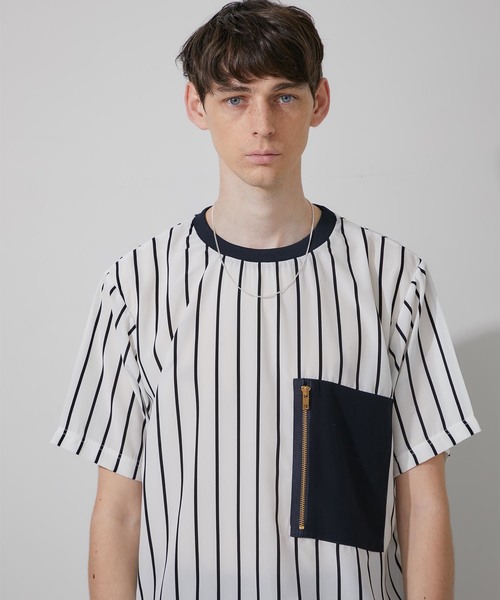 STUDIOUS（ステュディオス）の「【STUDIOUS】布帛ストライププルオーバー【ZOZO限定アイテム】（Tシャツ/カットソー・メンズ・ホワイト/ブラック・1/2/3）」の9枚目の写真