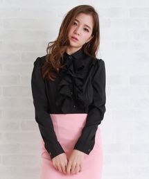 AD2022 23SS チュールフリルデザイン丸襟半袖ブラウス 黒