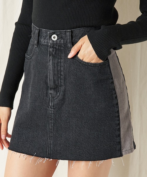 SPIRALGIRL（スパイラルガール）の「コーデュロイラインデニムミニスカート（デニムスカート・レディース・ブラック/ライトブルー・MEDIUM/SMALL）」の12枚目の写真