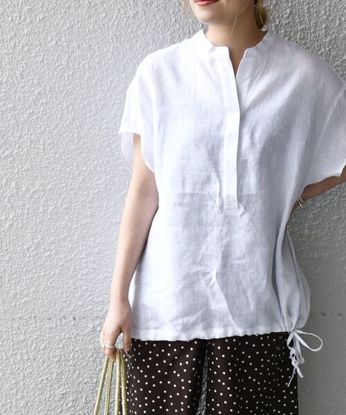 SHIPS any(シップス エニィ)の「SHIPS any: オーガニック リネン ヘム ドロスト シャツ〈ウォッシャブル〉◇(シャツ/ブラウス・レディース・ホワイト/ラベンダー/ブラウン/レッド・ONE SIZE)」の1枚目の写真