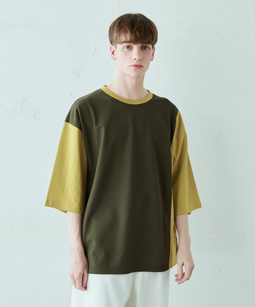 Lui's（ルイス）の「配色鹿の子切替ビッグTシャツ（Tシャツ/カットソー・メンズ・オリーブ/ブラック/ホワイト・FREE）」の3枚目の写真