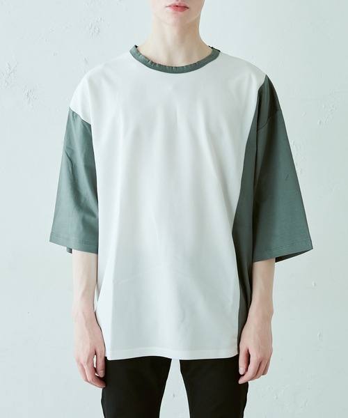 Lui's（ルイス）の「配色鹿の子切替ビッグTシャツ（Tシャツ/カットソー・メンズ・オリーブ/ブラック/ホワイト・FREE）」の4枚目の写真