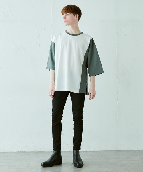 Lui's（ルイス）の「配色鹿の子切替ビッグTシャツ（Tシャツ/カットソー・メンズ・オリーブ/ブラック/ホワイト・FREE）」の5枚目の写真