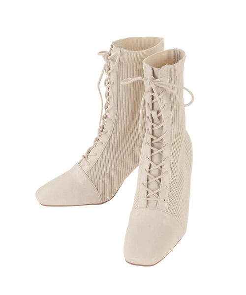 MERCURYDUO（マーキュリーデュオ）の「レースアップニットブーツ（ブーツ・レディース・アイボリー/ブラック/ベージュ・36/38）」の4枚目の写真