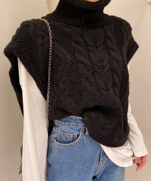 VitaFelice（ヴィータフェリーチェ）の「ケーブルニットベスト（ベスト・レディース・オレンジ/ベージュ系その他/ブラック/ブルー・FREE）」の3枚目の写真