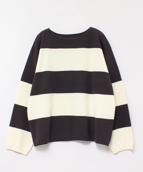 RNA-N（アールエヌエーエヌ）の「K2577 コットンリネンビッグボーダーニットプルオーバー（ニット/セーター・レディース・ブルー/ライトブラウン/ホワイト×ブラック・MEDIUM）」の2枚目の写真