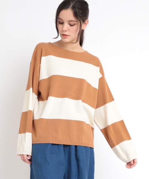 RNA-N（アールエヌエーエヌ）の「K2577 コットンリネンビッグボーダーニットプルオーバー（ニット/セーター・レディース・ブルー/ライトブラウン/ホワイト×ブラック・MEDIUM）」の3枚目の写真