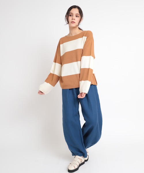 RNA-N（アールエヌエーエヌ）の「K2577 コットンリネンビッグボーダーニットプルオーバー（ニット/セーター・レディース・ブルー/ライトブラウン/ホワイト×ブラック・MEDIUM）」の13枚目の写真