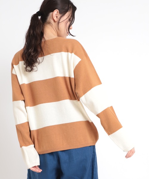 RNA-N（アールエヌエーエヌ）の「K2577 コットンリネンビッグボーダーニットプルオーバー（ニット/セーター・レディース・ブルー/ライトブラウン/ホワイト×ブラック・MEDIUM）」の19枚目の写真