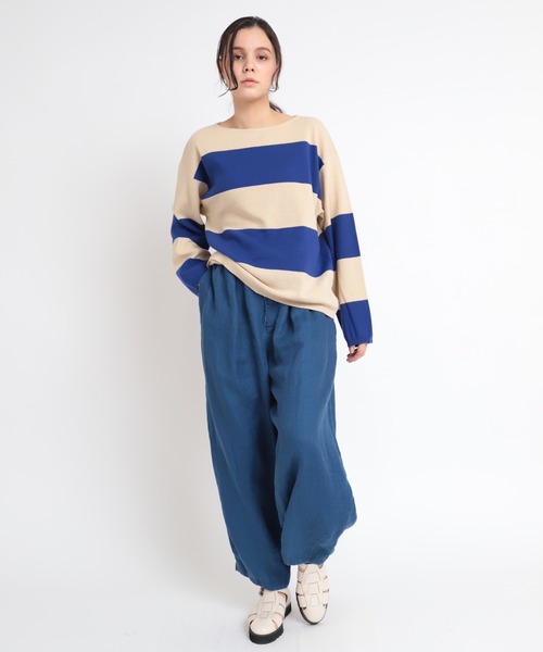 RNA-N（アールエヌエーエヌ）の「K2577 コットンリネンビッグボーダーニットプルオーバー（ニット/セーター・レディース・ブルー/ライトブラウン/ホワイト×ブラック・MEDIUM）」の12枚目の写真