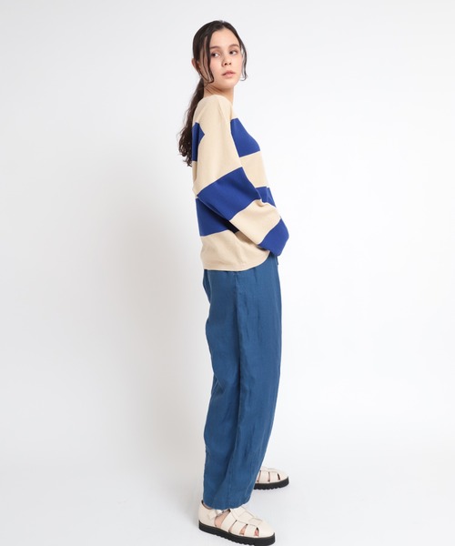 RNA-N（アールエヌエーエヌ）の「K2577 コットンリネンビッグボーダーニットプルオーバー（ニット/セーター・レディース・ブルー/ライトブラウン/ホワイト×ブラック・MEDIUM）」の5枚目の写真