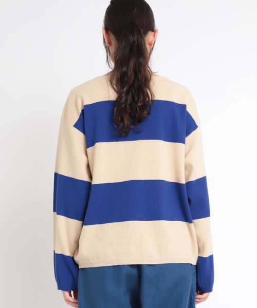 RNA-N（アールエヌエーエヌ）の「K2577 コットンリネンビッグボーダーニットプルオーバー（ニット/セーター・レディース・ブルー/ライトブラウン/ホワイト×ブラック・MEDIUM）」の9枚目の写真