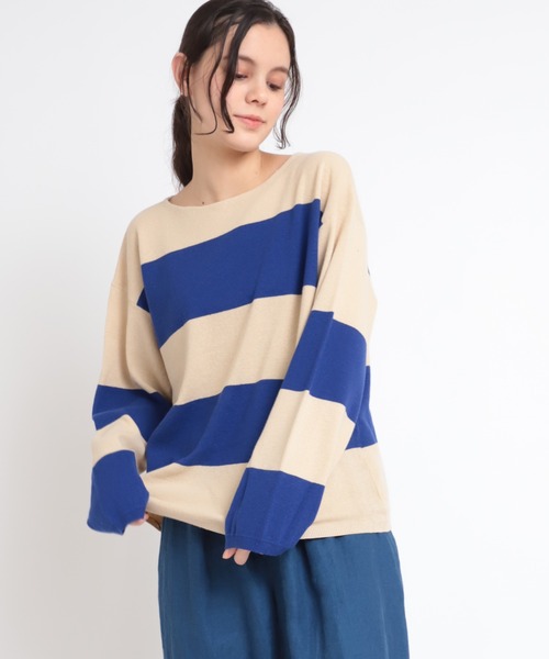 RNA-N（アールエヌエーエヌ）の「K2577 コットンリネンビッグボーダーニットプルオーバー（ニット/セーター・レディース・ブルー/ライトブラウン/ホワイト×ブラック・MEDIUM）」の21枚目の写真