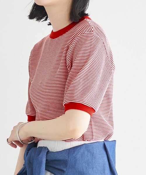 Healthknit(ヘルスニット)の「Healthknit / ヘルスニット 別注 ワッフルボーダーリンガーTシャツ(Tシャツ/カットソー・レディース・ブラック/レッド/ブルー/グリーン・FREE)」の4枚目の写真