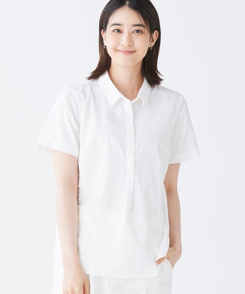 美品LL SLANDRE ストライプ ハイネック 半袖シャツ fit90-01-y.jpg