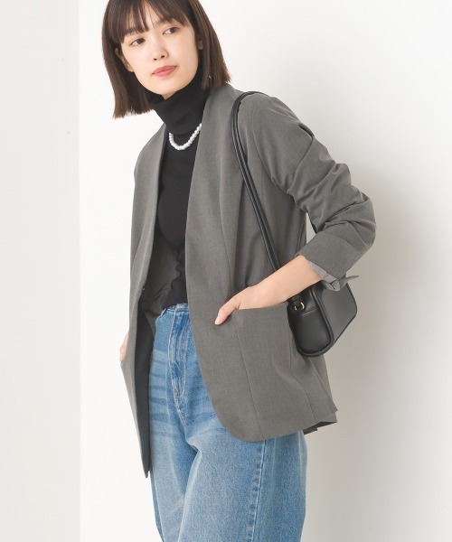 OMNES（オムネス）の「TRストレッチ ノーカラージャケット（ノーカラージャケット・レディース・ブラック/ベージュ/グレー・M/L）」の2枚目の写真