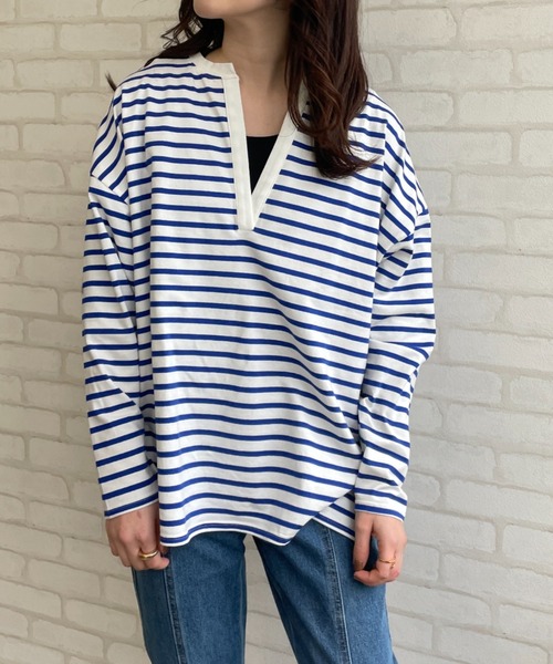 Chiaro(キアロ)の「ボーダーキーネックプルオーバー(Tシャツ/カットソー・レディース・ブラック/オレンジ/ブルー・FREE)」の7枚目の写真