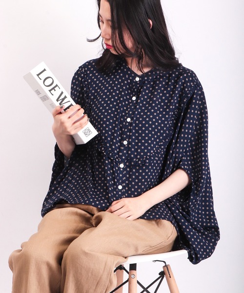 10%OFFクーポン ブラウス レディース ubasoku ウバソク バンドカラー 胸元フリルＵ字切替 貝釦 変形ブラウス(ub-0180) 春 夏 シャツ 服 ナチュラル 母の日 ubasoku 10%OFFクーポン ブラウス レディース ウバソク バンド