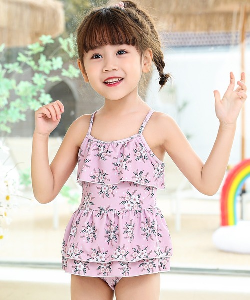 キッズ水着 小花柄ティアードフリルワンピ風フレア