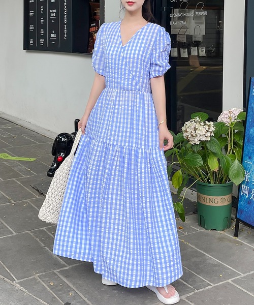 katie ワンピース ギンガムチェック ブルー Tiaclasse ワンピース 大柄ギンガムチェックワンピース