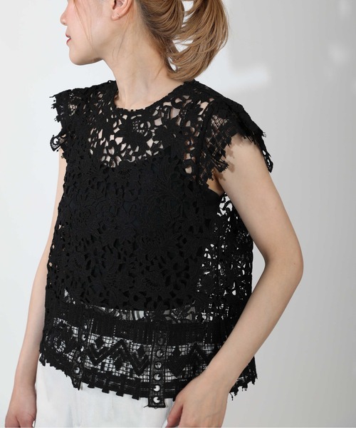 PICCIN(ピッチン)の「【セットアップ着用可能】総レースフレンチタック袖ブラウス(シャツ/ブラウス・レディース・ホワイト/ブラック・M)」の2枚目の写真