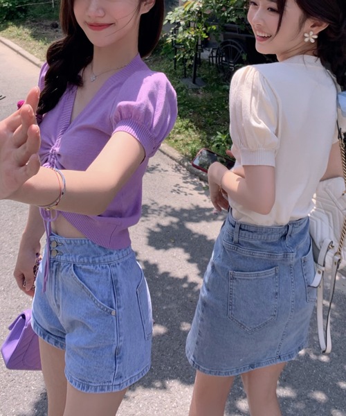 ibeul_（イベール）の「フロントシャーリング半袖パフスリーブニットトップス（Tシャツ/カットソー・レディース・ホワイト/ブラック/グリーン/ラベンダー・FREE）」の12枚目の写真