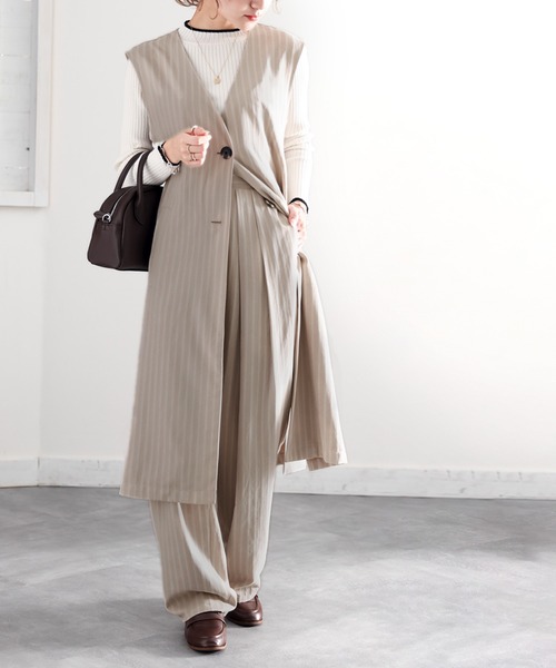 classicalelf(クラシカルエルフ)の「ハンサムレディ。ピーチ素材ストライプ柄ハイウエスト2タックパンツ(その他パンツ・レディース・ブラック/ダークブラウン/ベージュ系その他/キャメル・SMALL/MEDIUM/LARGE/X-LARGE)」の9枚目の写真