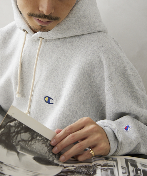 L STUSSY CHAMPION 別注 リバースウィーブ パーカー グレー